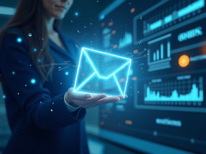 Ologramma di busta e grafici tecnologici interattivi.