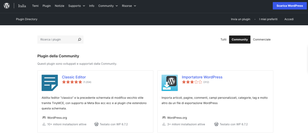 Pagina plugin community WordPress, Classic Editor e Importatore.