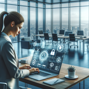 Donna lavora al laptop in ufficio moderno