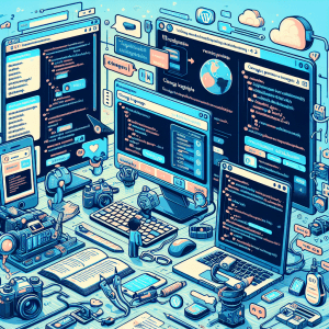 Scrivania affollata con dispositivi tecnologici e coding.