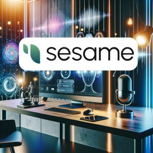 Studio tecnologia con logo Sesame, microfono e monitor.