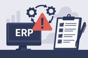 Problemi ERP evidenziati con monitor e checklist.