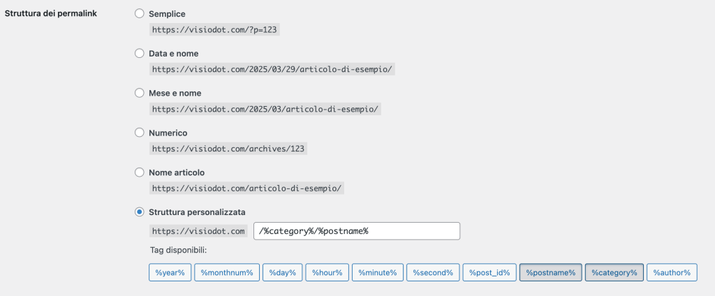 Opzioni struttura permalink WordPress