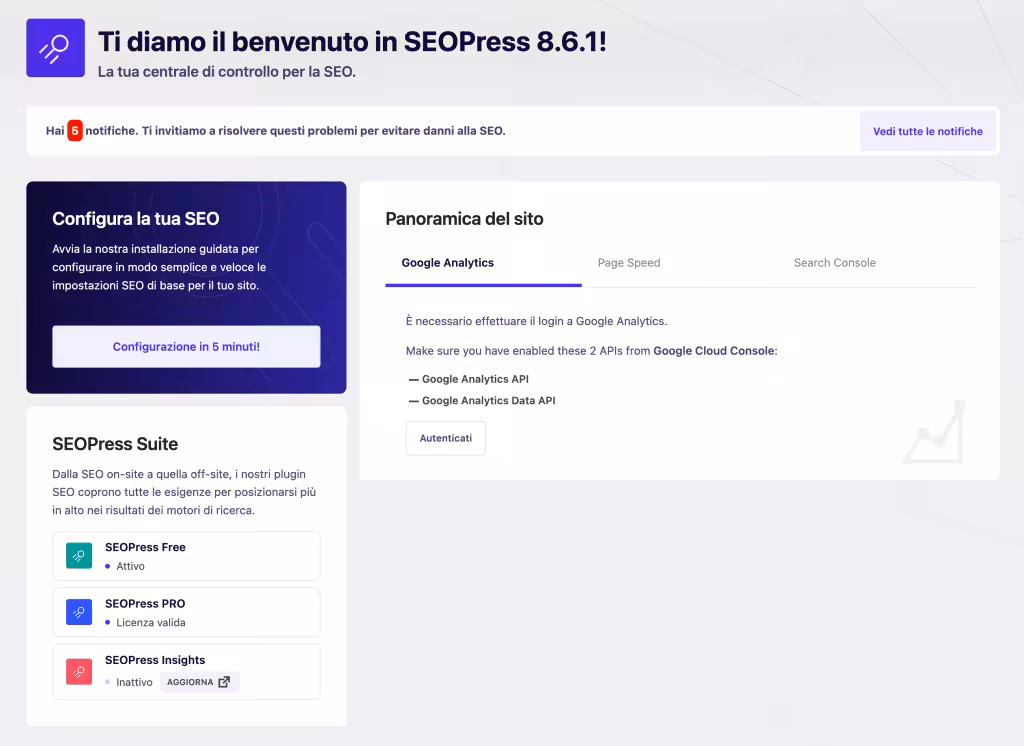 Dashboard SEOPress con notifiche e configurazioni