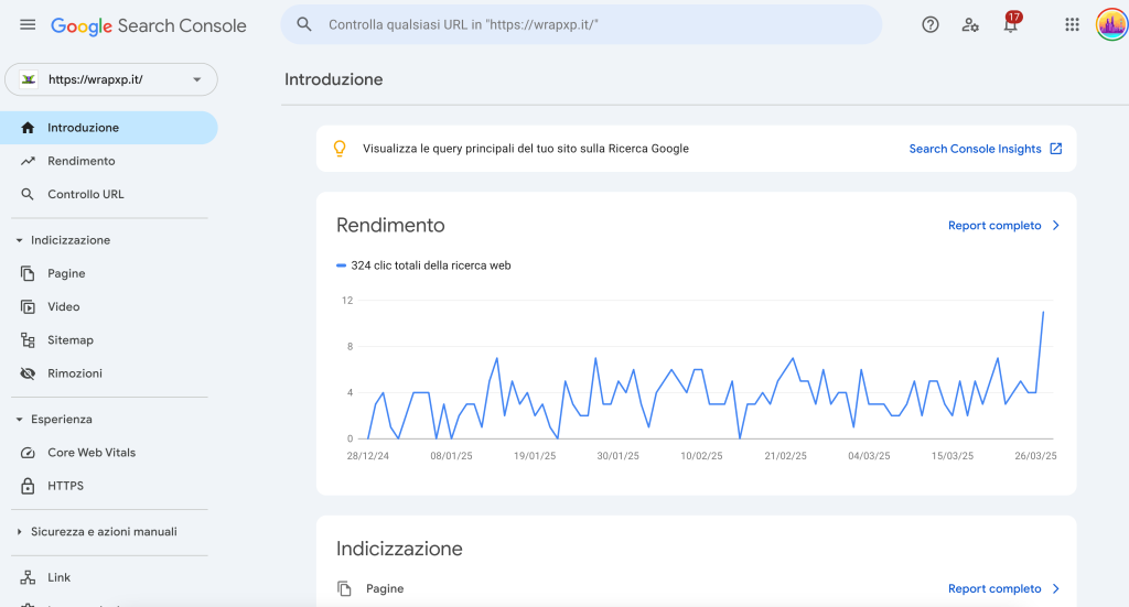 Dashboard Google Search Console con grafico rendimento.