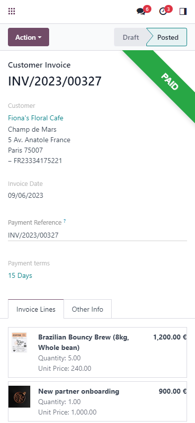 Fattura cliente pagata, dettagli acquisti e totale.