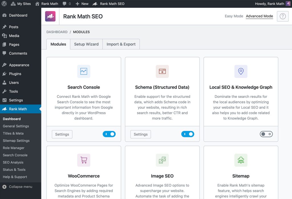 Dashboard plugin SEO Rank Math WordPress